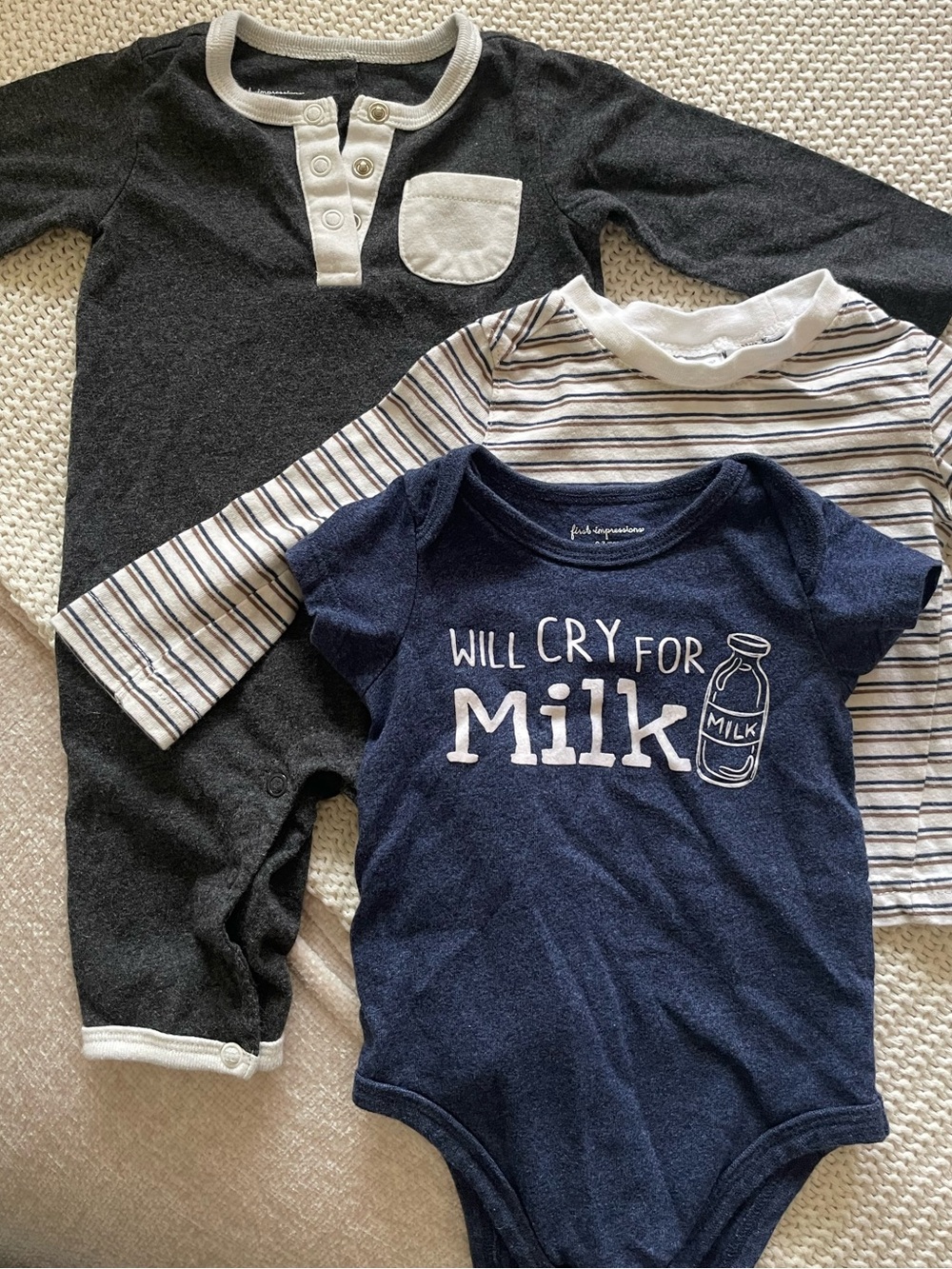 “Will Cry for Milk' Baby Bodysuit and Striped Romper 3pcs Set VGUV